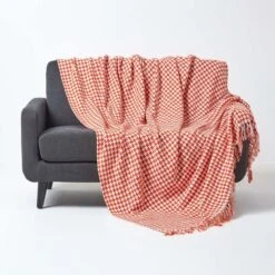 Orange Houndstooth 100% Cotton Bedspread Throw, 255cm X 360cm