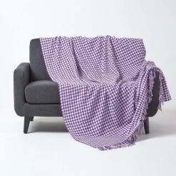 Houndstooth 100% Cotton Bedspread Throw Purple