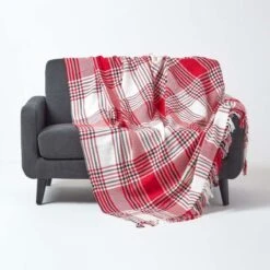 Red Tartan Check Sofa And Bed Throw