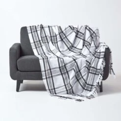 White & Black Tartan Check Sofa And Bed Throw