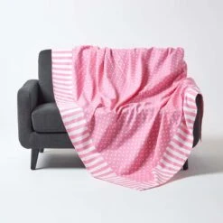 Cotton Pink Polka Dots And Stripes Sofa Throw