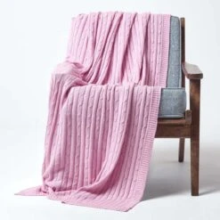 Cotton Cable Knit Pastel Pink Throw