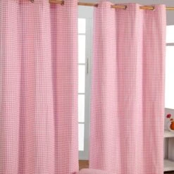 Cotton Gingham Check Pink Ready Made Eyelet Curtains