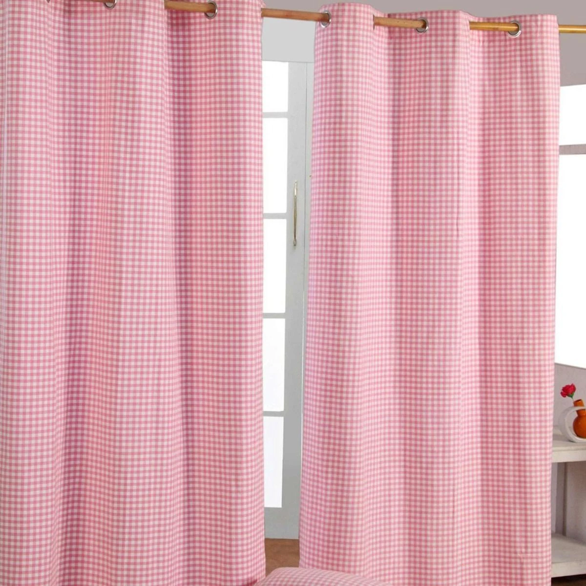 Cotton Gingham Check Pink Ready Made Eyelet Curtains 3 Cotton Gingham Check Pink Ready Made Eyelet Curtains