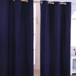 Cotton Plain Navy Blue Ready Made Eyelet Curtain Pair