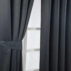 Black Herringbone Chevron Blackout Thermal Curtains Pair Eyelet Style