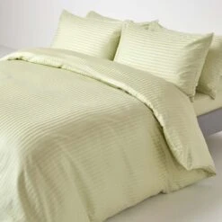 Sage Green Egyptian Cotton Stripe Duvet Cover And Pillowcases 330 TC