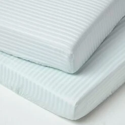Blue Cotton Stripe Cot Bed Fitted Sheets 330 Thread Count, 2 Pack