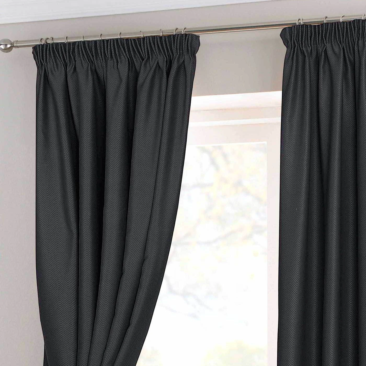Black Herringbone Chevron Thermal Blackout Curtains Pair Pencil Pleat 4 Black Herringbone Chevron Thermal Blackout Curtains Pair Pencil Pleat - Image 2