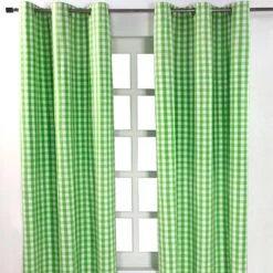 Cotton Green Block Check Gingham Ready Made Eyelet Curtains