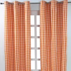 Cotton Orange Block Check Gingham Ready Made Eyelet Curtains