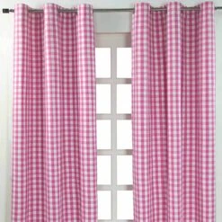 Cotton Pink Block Check Gingham Ready Made Eyelet Curtains