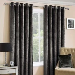 New Products 7 Dark Grey Luxury Crushed Velvet Lined Eyelet Curtain Pair