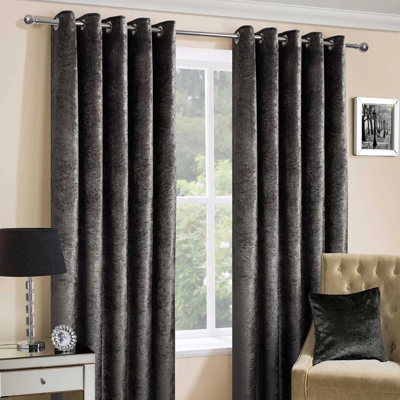 Dark Grey Luxury Crushed Velvet Lined Eyelet Curtain Pair 3 Dark Grey Luxury Crushed Velvet Lined Eyelet Curtain Pair