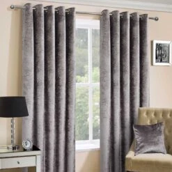Silver Luxury Crushed Velvet Lined Eyelet Curtain Pair