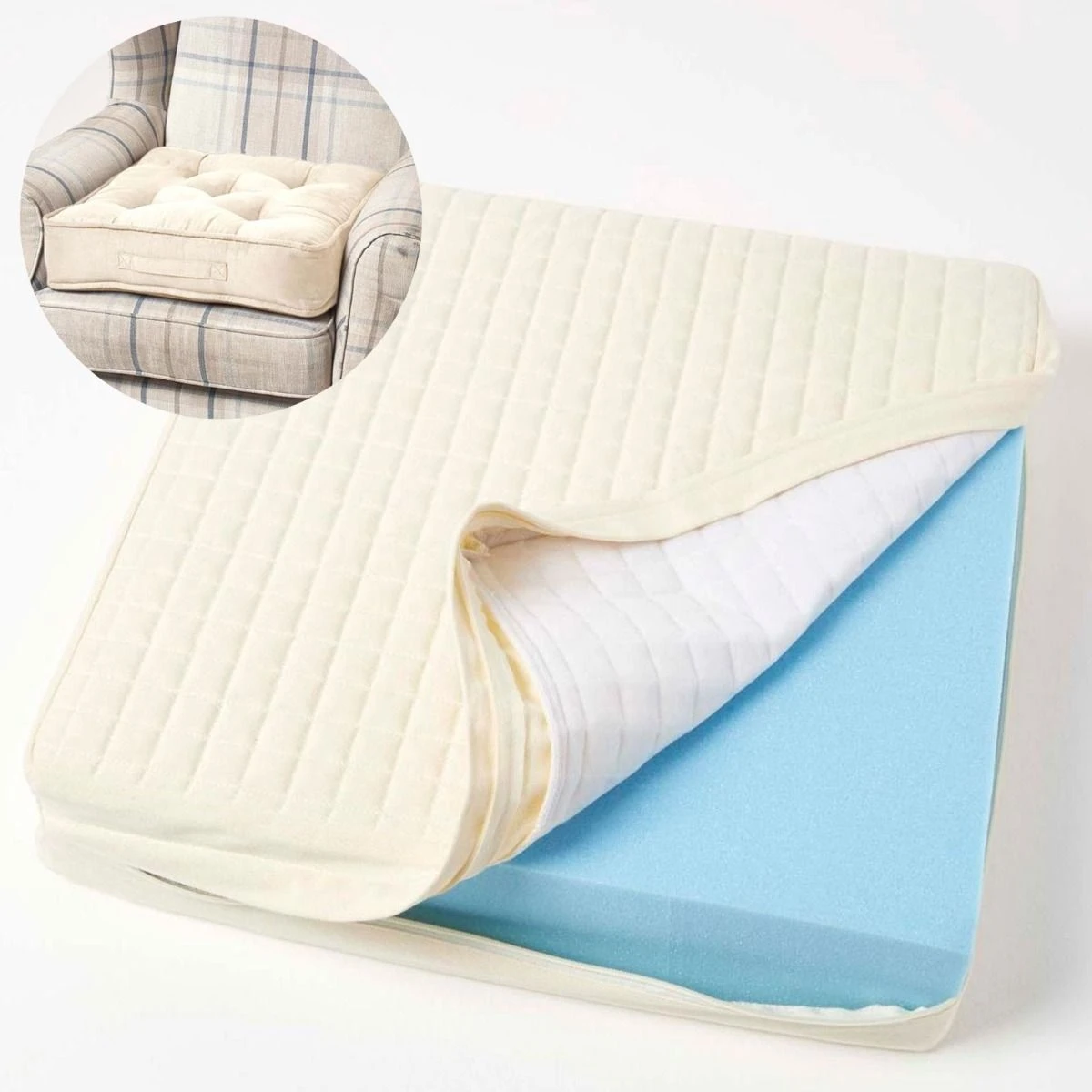 Cream Quilted Cotton Armchair Booster Cushion Cover 3 Cream Quilted Cotton Armchair Booster Cushion Cover