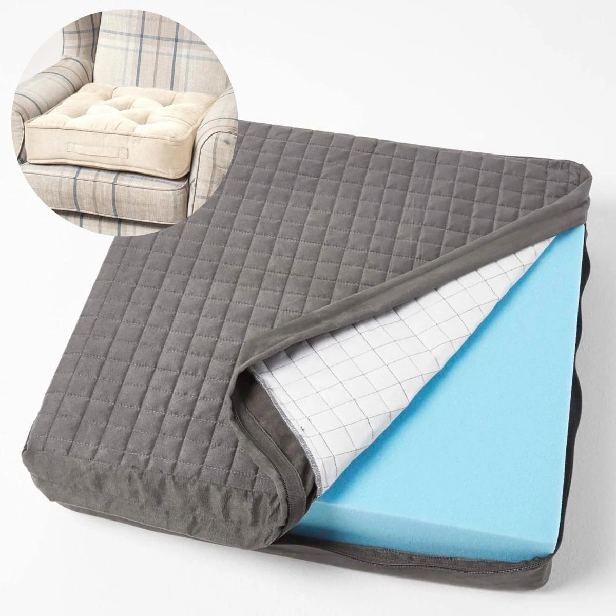 Grey Quilted Faux Suede Armchair Booster Cushion Cover 3 Grey Quilted Faux Suede Armchair Booster Cushion Cover