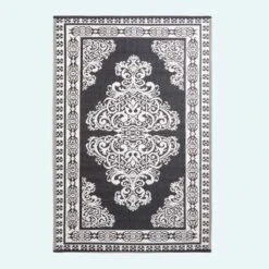 Black And White Motif Design Reversible Outdoor Rug