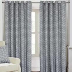 Grey Geometric Jacquard Blackout Eyelet Curtain Pair