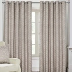 Natural Geometric Jacquard Blackout Eyelet Curtain Pair