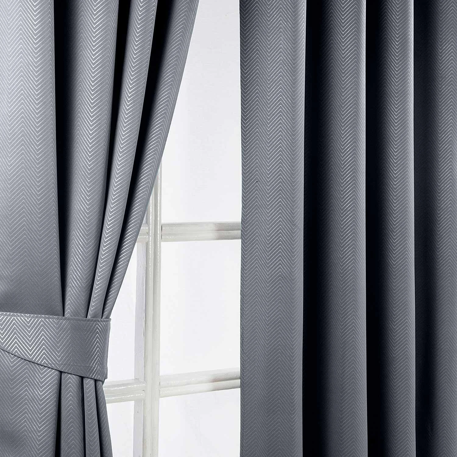 Dark Grey Herringbone Chevron Blackout Thermal Curtains Pair Eyelet Style 4 Dark Grey Herringbone Chevron Blackout Thermal Curtains Pair Eyelet Style - Image 2