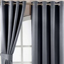Dark Grey Herringbone Chevron Blackout Thermal Curtains Pair Eyelet Style