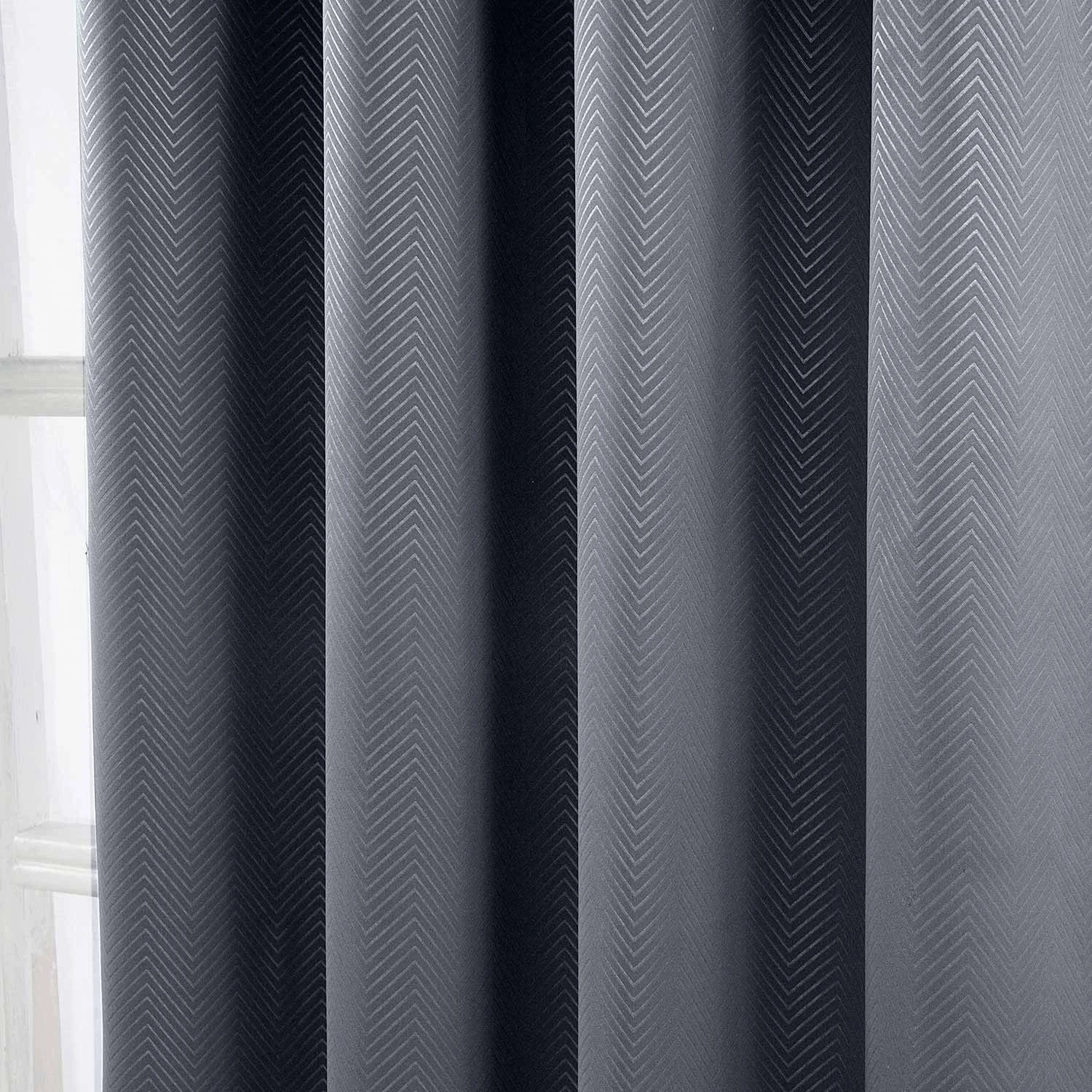 Dark Grey Herringbone Chevron Blackout Thermal Curtains Pair Eyelet Style 5 Dark Grey Herringbone Chevron Blackout Thermal Curtains Pair Eyelet Style - Image 3