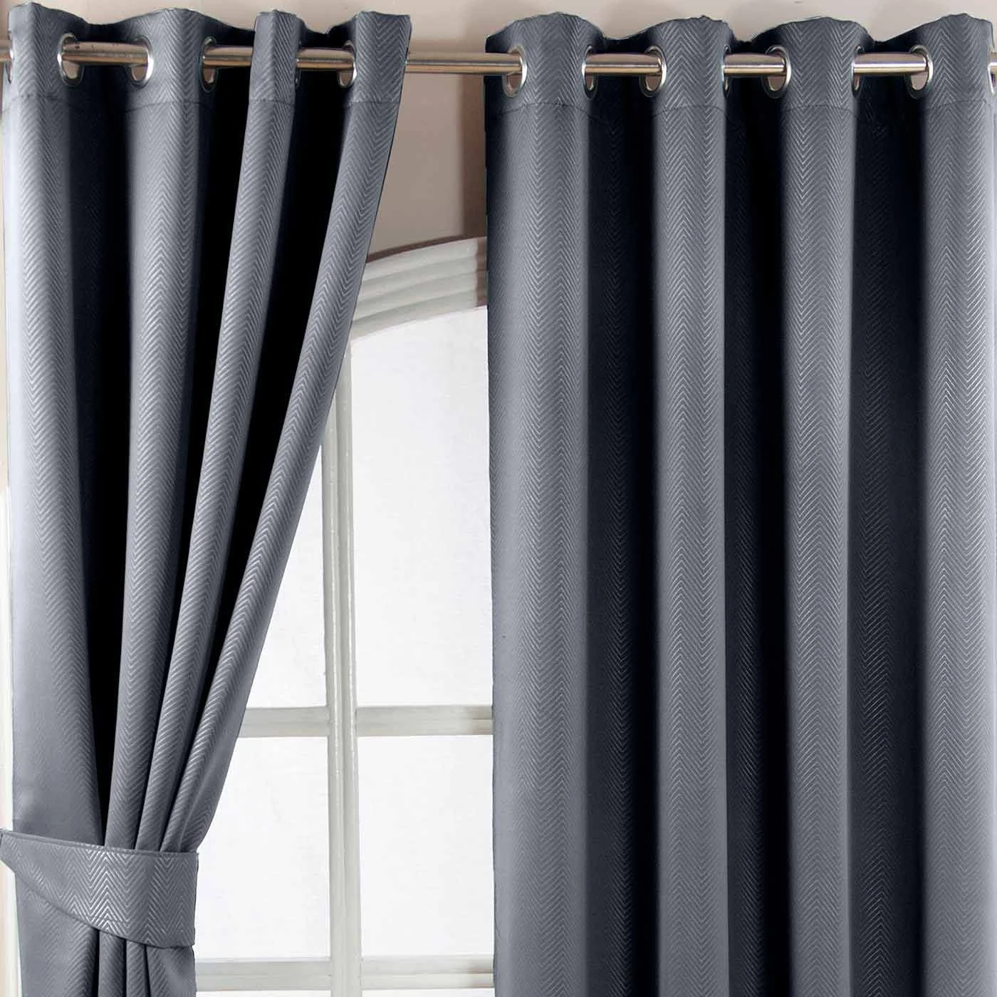 Dark Grey Herringbone Chevron Blackout Thermal Curtains Pair Eyelet Style 3 Dark Grey Herringbone Chevron Blackout Thermal Curtains Pair Eyelet Style