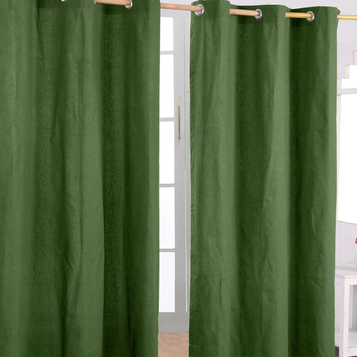 Cotton Plain Dark Olive Green Ready Made Eyelet Curtain Pair 3 Cotton Plain Dark Olive Green Ready Made Eyelet Curtain Pair