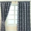 Blue Jacquard Curtain Modern Curve Design Fully Lined With Tie Backs