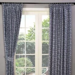 Blue Jacquard Curtain Vintage Floral Design Fully Lined