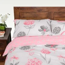 Pink, White And Grey Floral Duvet Cover Set, Single