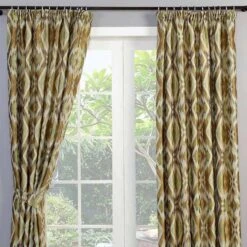 Green And Gold Jacquard Curtain Geometric Diamond Design Fully Lined With Tie Backs