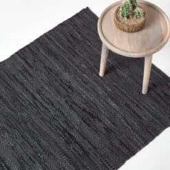 Denver Leather Woven Rug Black