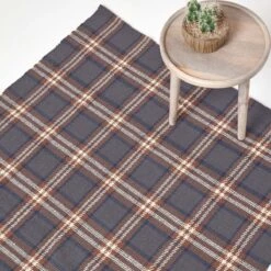 Hamilton Handwoven Grey And Brown Tartan 100% Cotton Rug