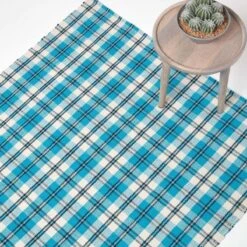 Irvine Handwoven Blue Tartan 100% Cotton Rug