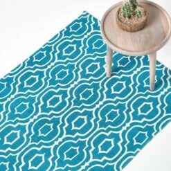 Riga Teal And White 100% Cotton Printed Patterned Rug