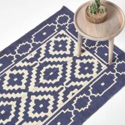 Halmstad Blue And White Scandi Style 100% Cotton Printed Rug