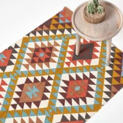 Oslo Orange, Brown And Yellow Multi Coloured 100% Cotton Diamond Pattern Rug