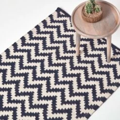 Casablanca Handwoven Zig Zag Pattern Dark Blue And White Cotton Kilim Rug