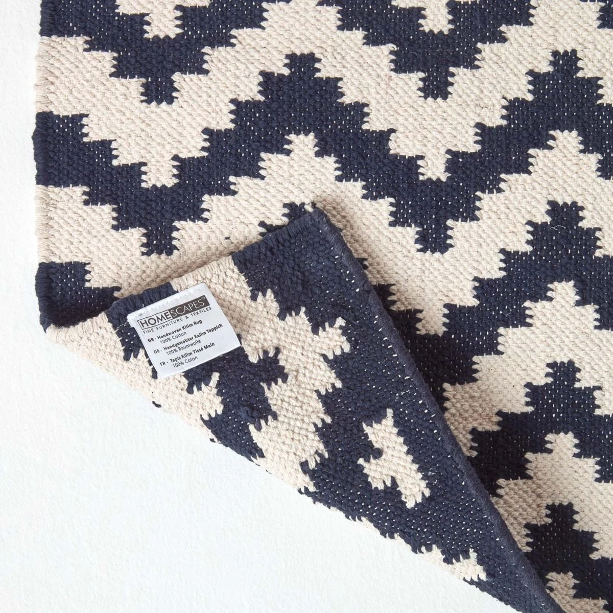 Casablanca Handwoven Zig Zag Pattern Dark Blue And White Cotton Kilim Rug 7 Casablanca Handwoven Zig Zag Pattern Dark Blue And White Cotton Kilim Rug - Image 5