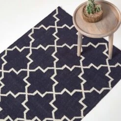 Edmonton Handwoven Navy Blue And White Cotton Geometric Kilim Rug