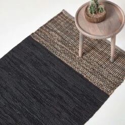 Black Recycled Leather Handwoven Herringbone Rug