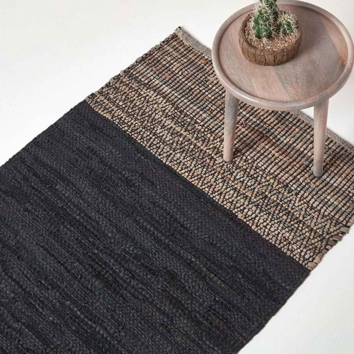 Black Recycled Leather Handwoven Herringbone Rug 3 Black Recycled Leather Handwoven Herringbone Rug