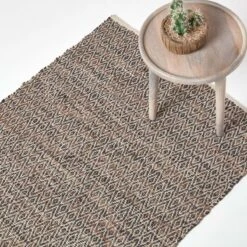 Brown Real Leather Handwoven Diamond Pattern Rug