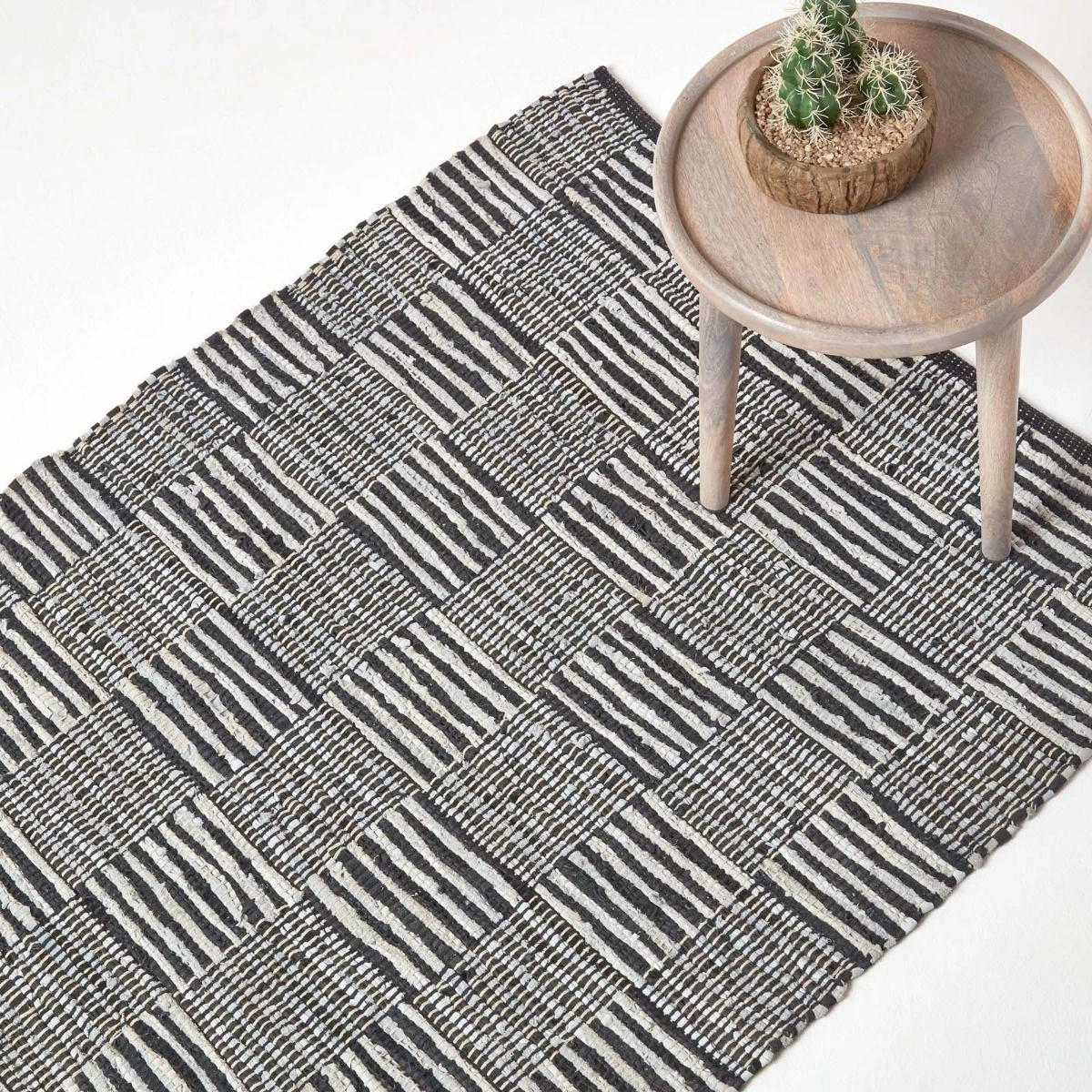 Black & White Real Leather Handwoven Striped Block Check Rug 2 Black & White Real Leather Handwoven Striped Block Check Rug