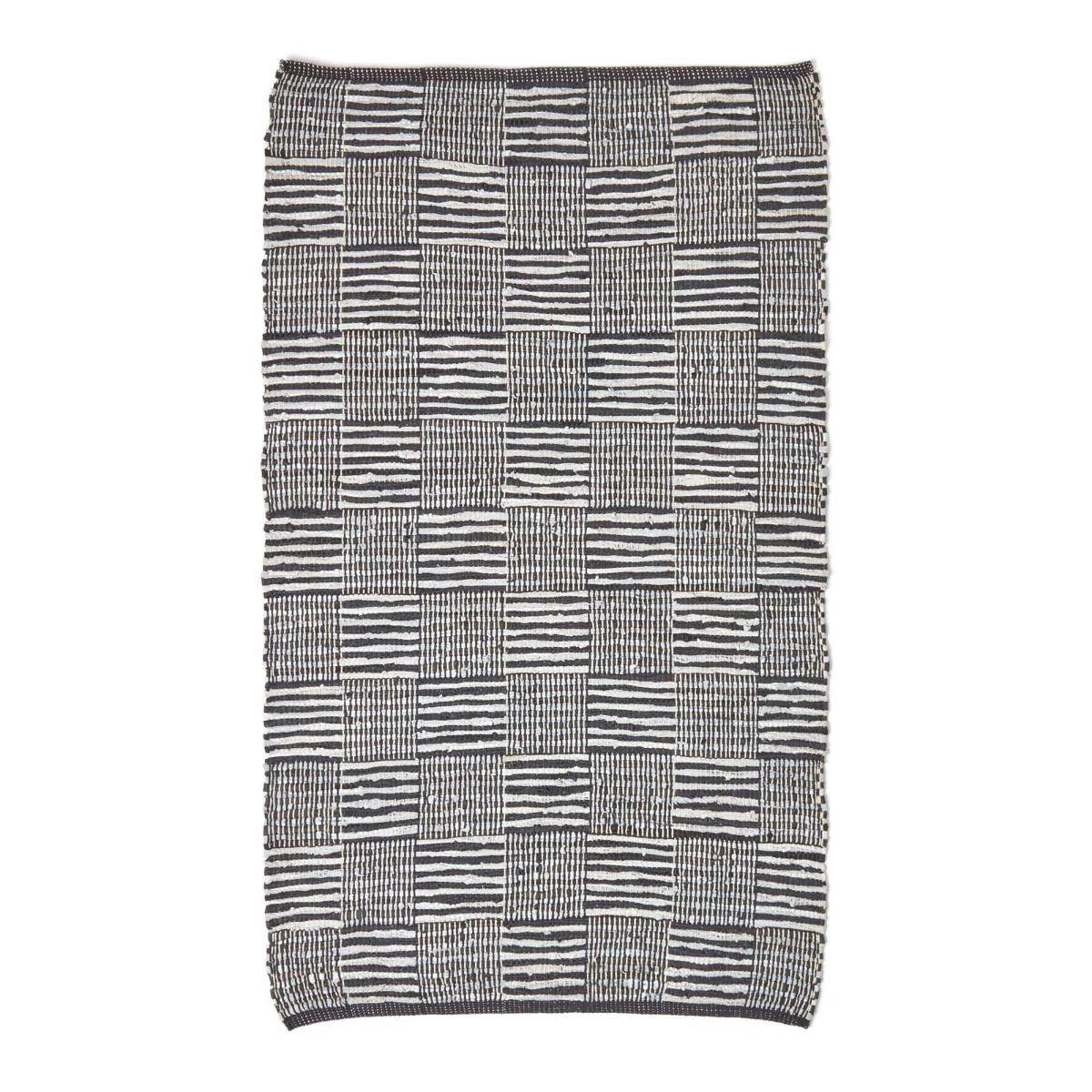 Black & White Real Leather Handwoven Striped Block Check Rug 3 Black & White Real Leather Handwoven Striped Block Check Rug - Image 2