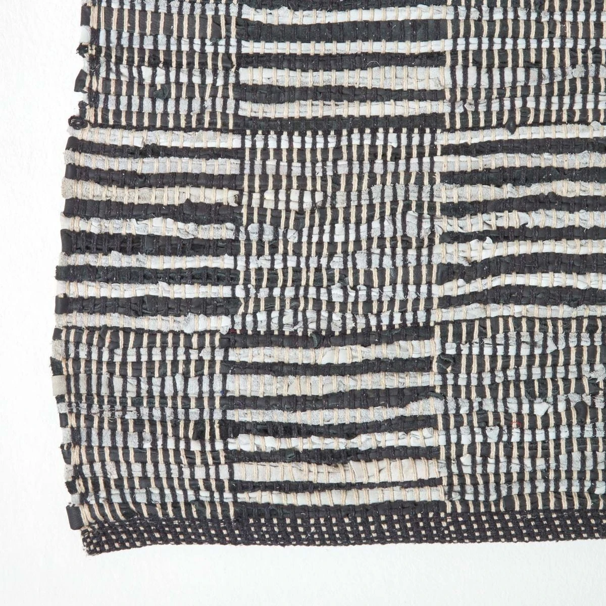 Black & White Real Leather Handwoven Striped Block Check Rug 4 Black & White Real Leather Handwoven Striped Block Check Rug - Image 3