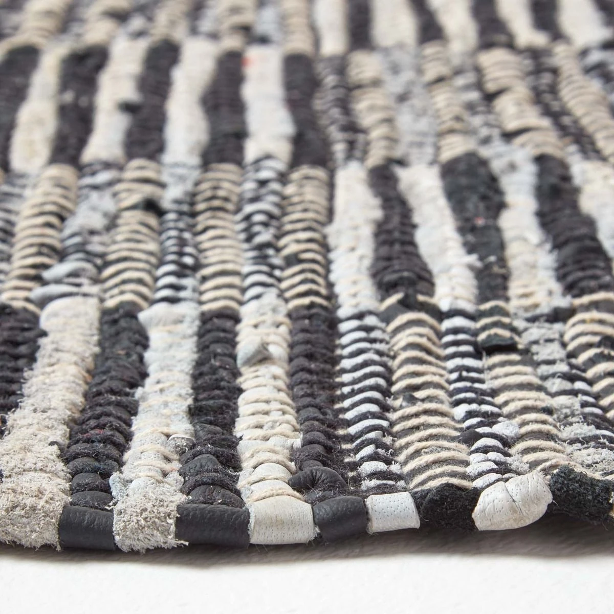 Black & White Real Leather Handwoven Striped Block Check Rug 5 Black & White Real Leather Handwoven Striped Block Check Rug - Image 4