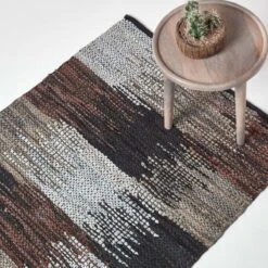 Black, Grey & Brown Real Leather Handwoven Cutshuttle Rug